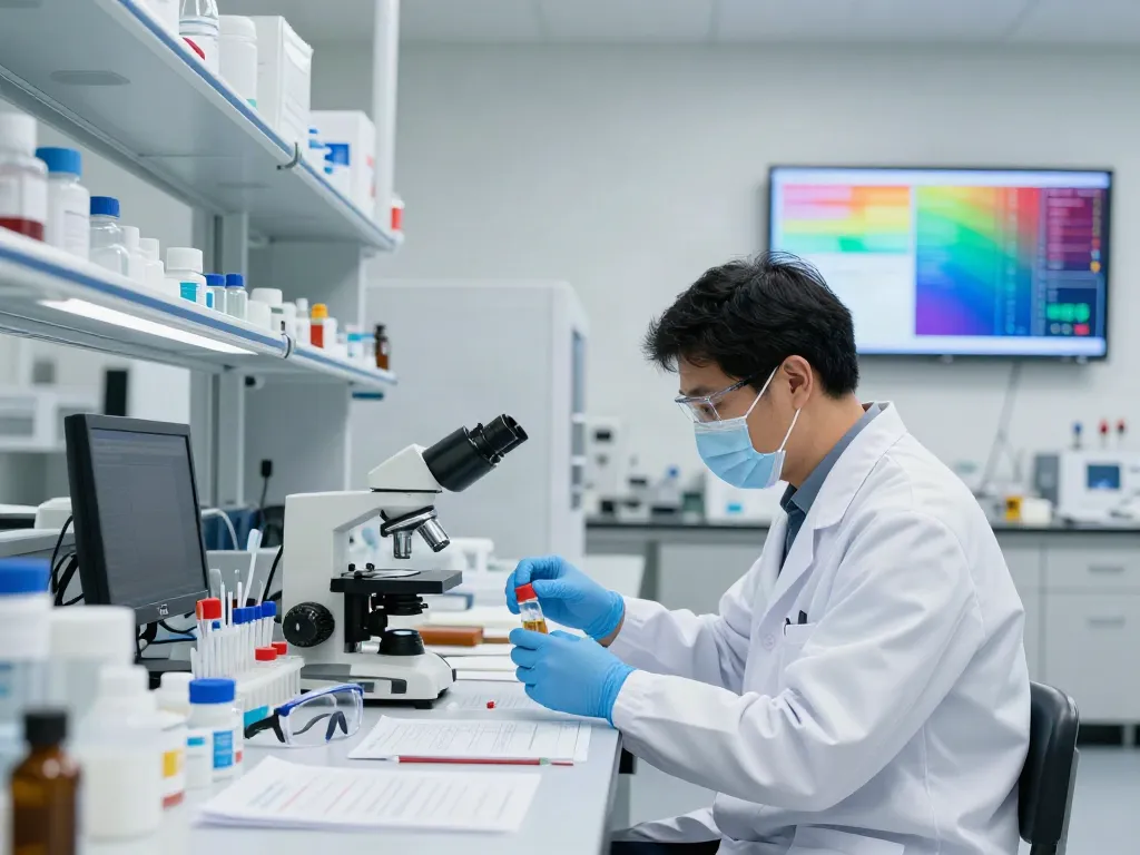 Researcher at Swiss Chems laboratory examining high-quality peptides with precision and care.