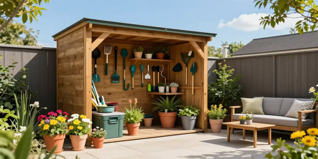 Stylish garden storage solutions featuring an organised shed surrounded by vibrant plants and a cozy seating area.